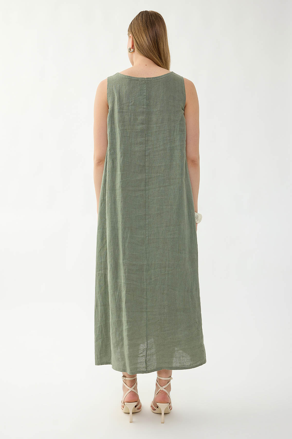 %100 Keten Sıfır Kol Uzun Elbise - Thumbnail