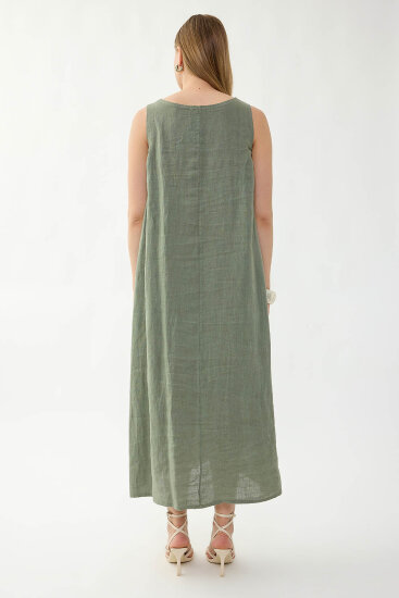 %100 Keten Sıfır Kol Uzun Elbise - 14