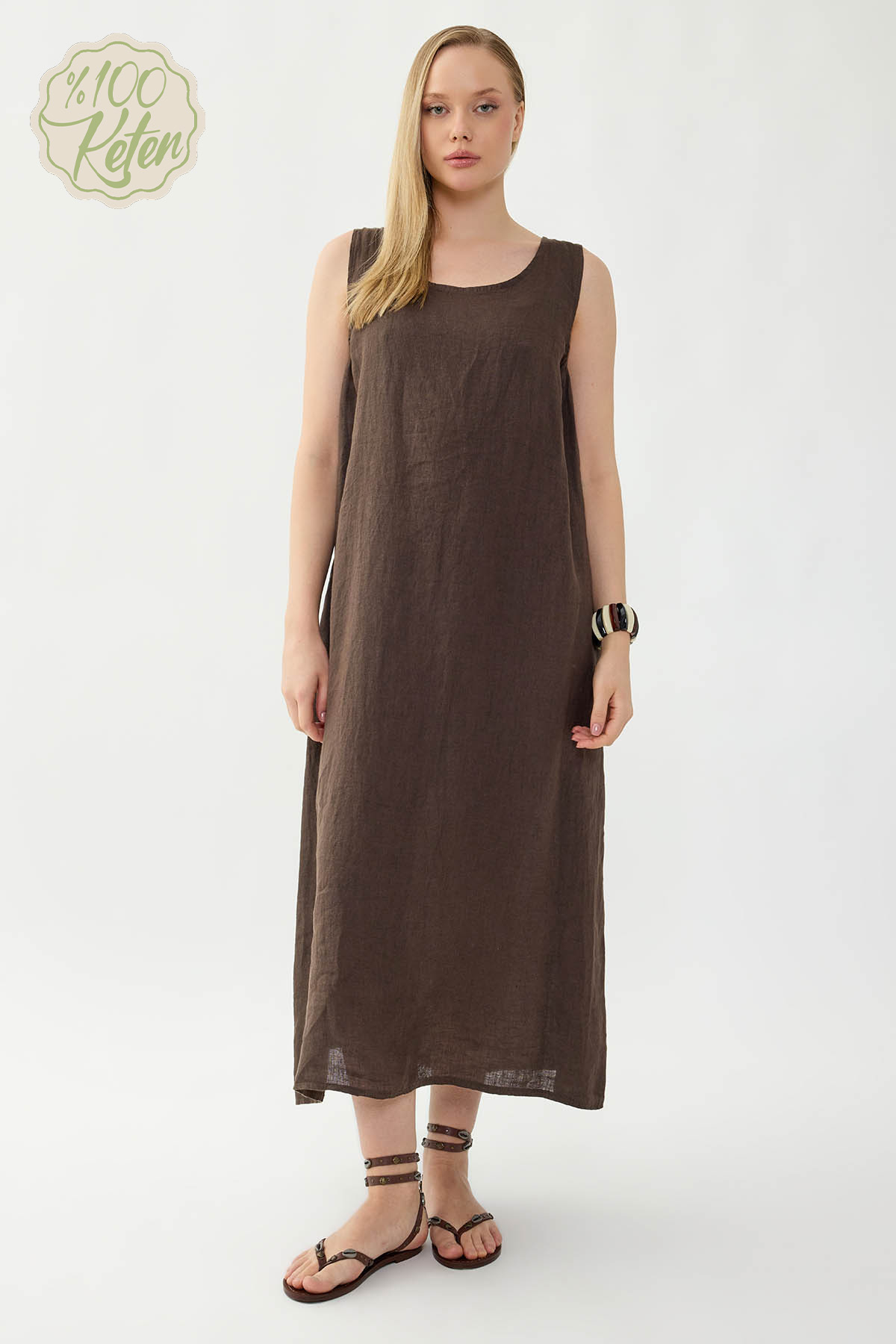 %100 Keten Sıfır Kol Uzun Elbise - Thumbnail