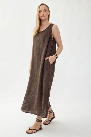 %100 Keten Sıfır Kol Uzun Elbise - 19