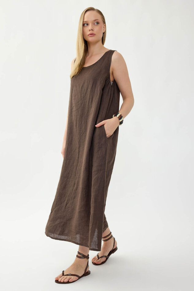 %100 Keten Sıfır Kol Uzun Elbise - 19