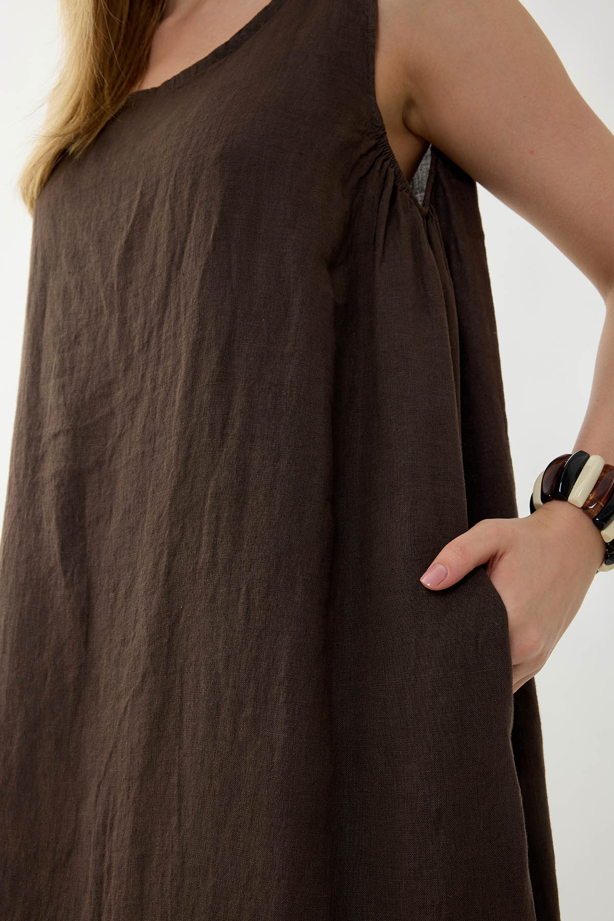 %100 Keten Sıfır Kol Uzun Elbise - Thumbnail