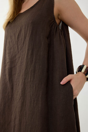 %100 Keten Sıfır Kol Uzun Elbise - 20