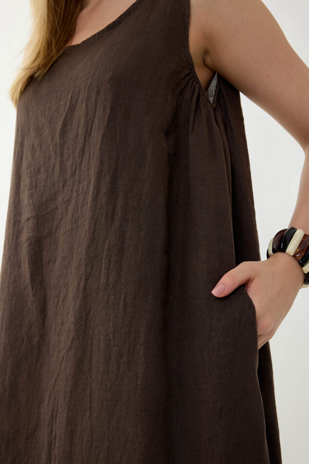 %100 Keten Sıfır Kol Uzun Elbise - 20