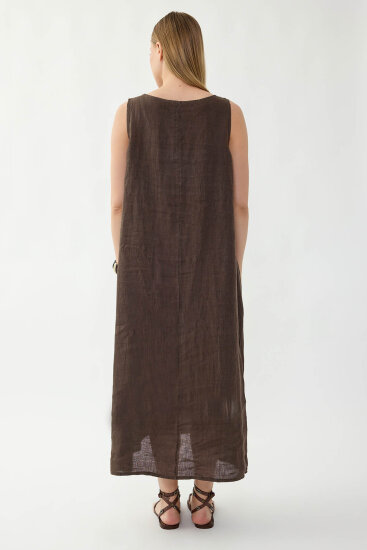 %100 Keten Sıfır Kol Uzun Elbise - 21