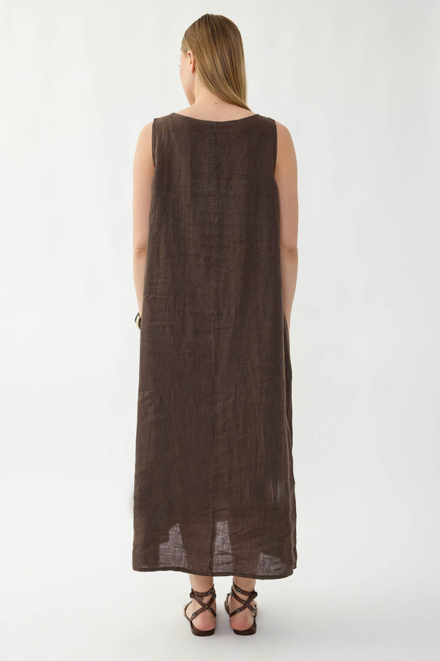 %100 Keten Sıfır Kol Uzun Elbise - 21