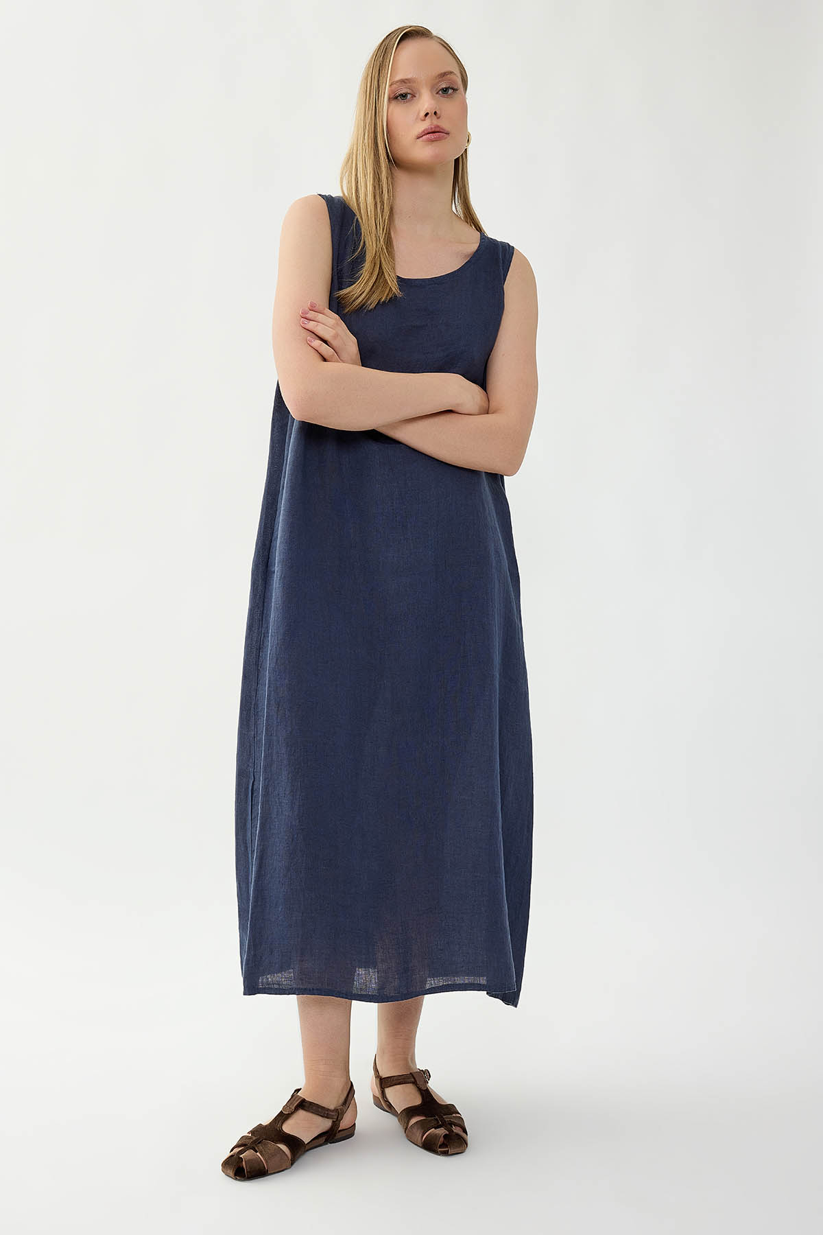 %100 Keten Sıfır Kol Uzun Elbise - Thumbnail