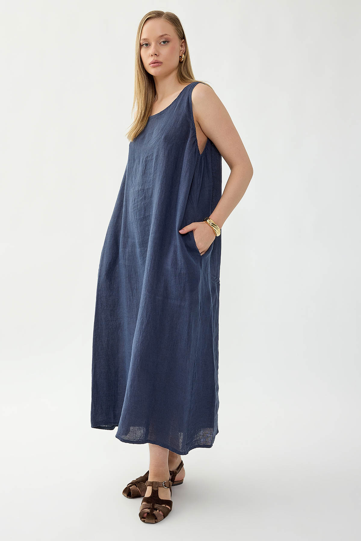 %100 Keten Sıfır Kol Uzun Elbise - Thumbnail