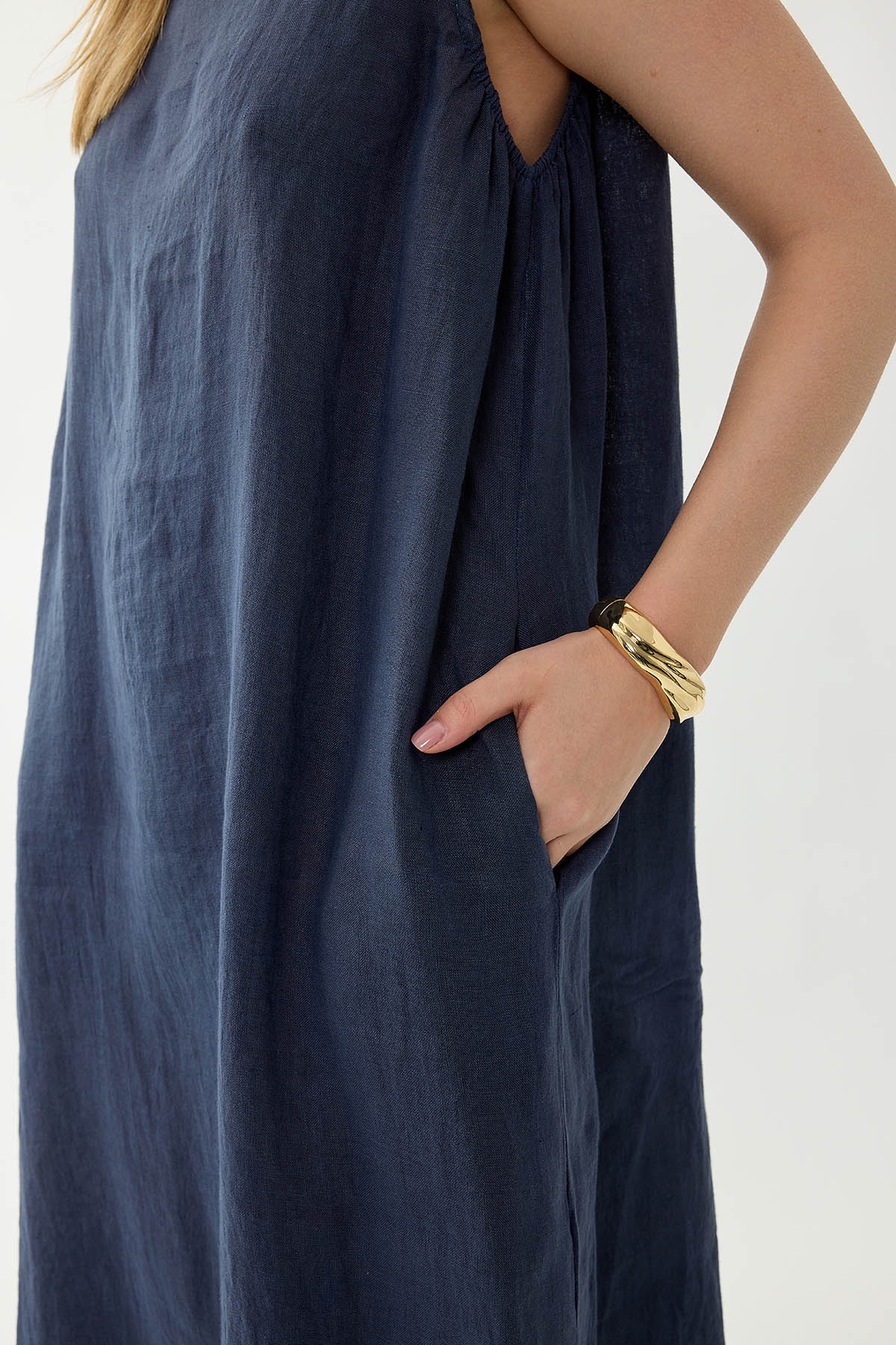 %100 Keten Sıfır Kol Uzun Elbise - Thumbnail