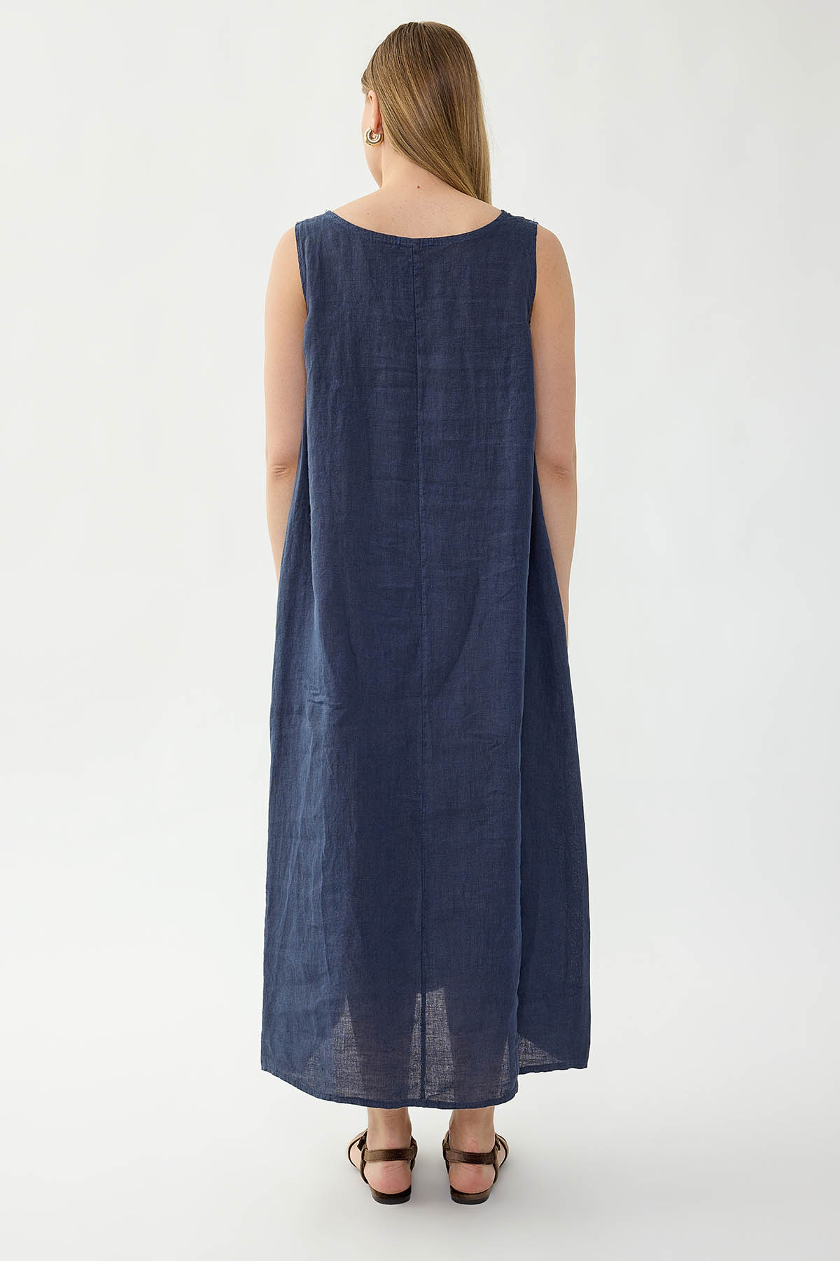 %100 Keten Sıfır Kol Uzun Elbise - Thumbnail