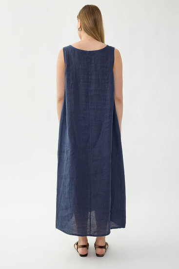 %100 Keten Sıfır Kol Uzun Elbise - 26