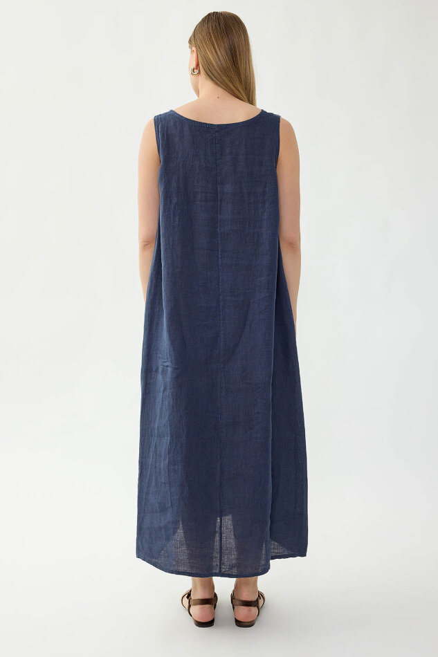 %100 Keten Sıfır Kol Uzun Elbise - 26