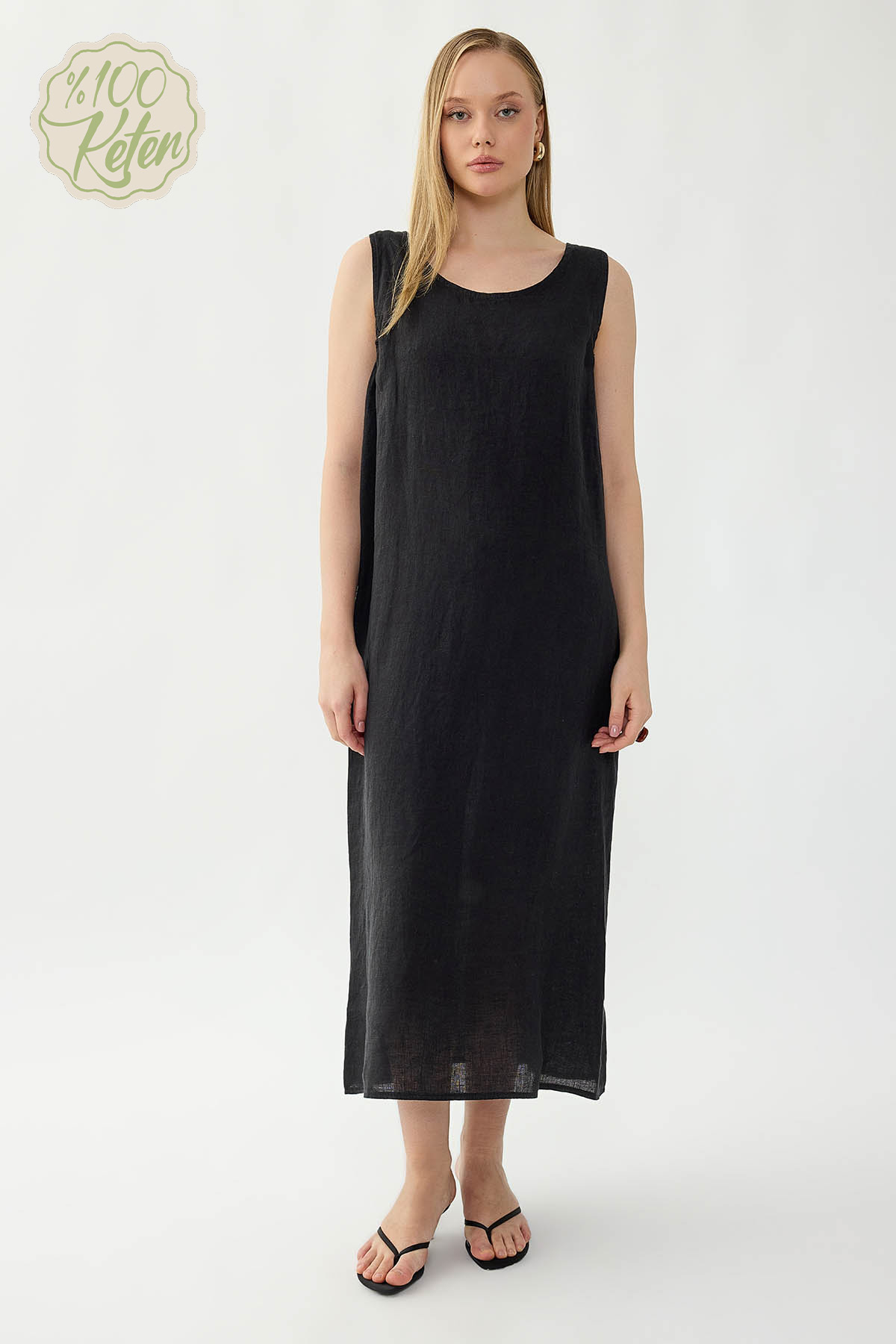%100 Keten Sıfır Kol Uzun Elbise - Thumbnail