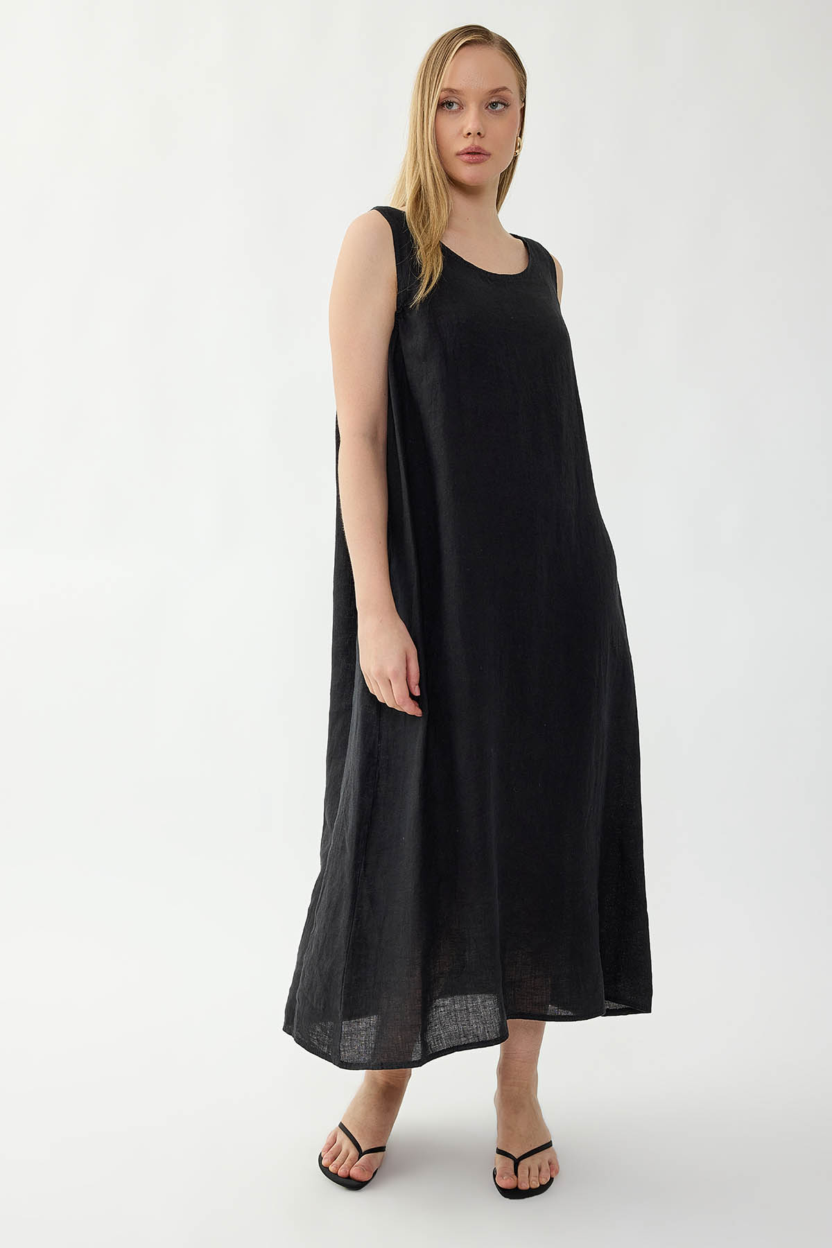 %100 Keten Sıfır Kol Uzun Elbise - Thumbnail