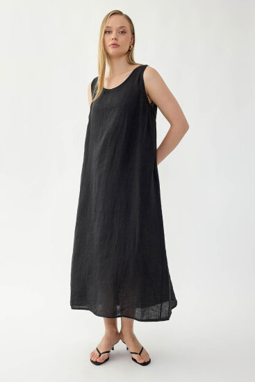 %100 Keten Sıfır Kol Uzun Elbise - 29