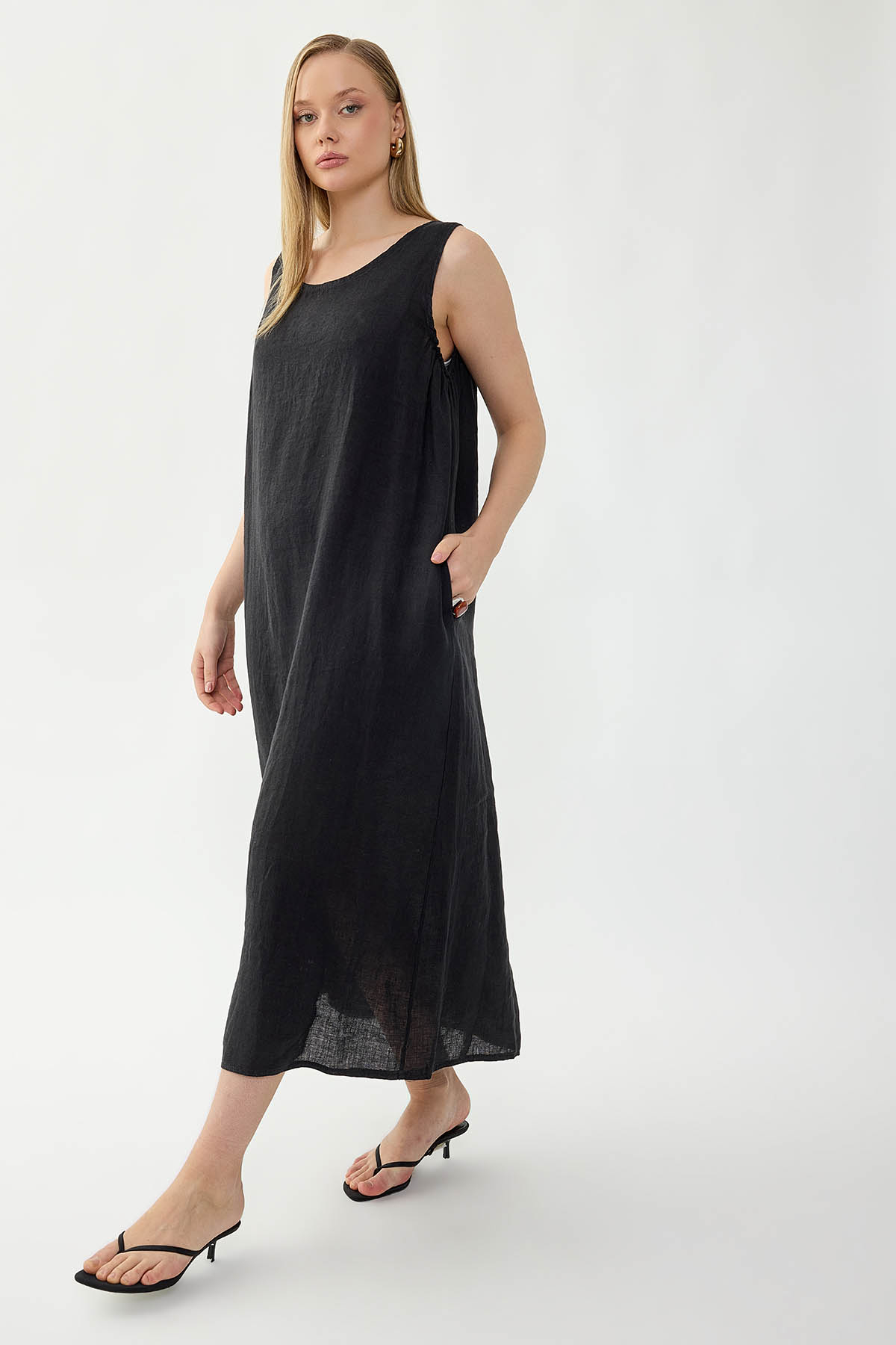 %100 Keten Sıfır Kol Uzun Elbise - Thumbnail