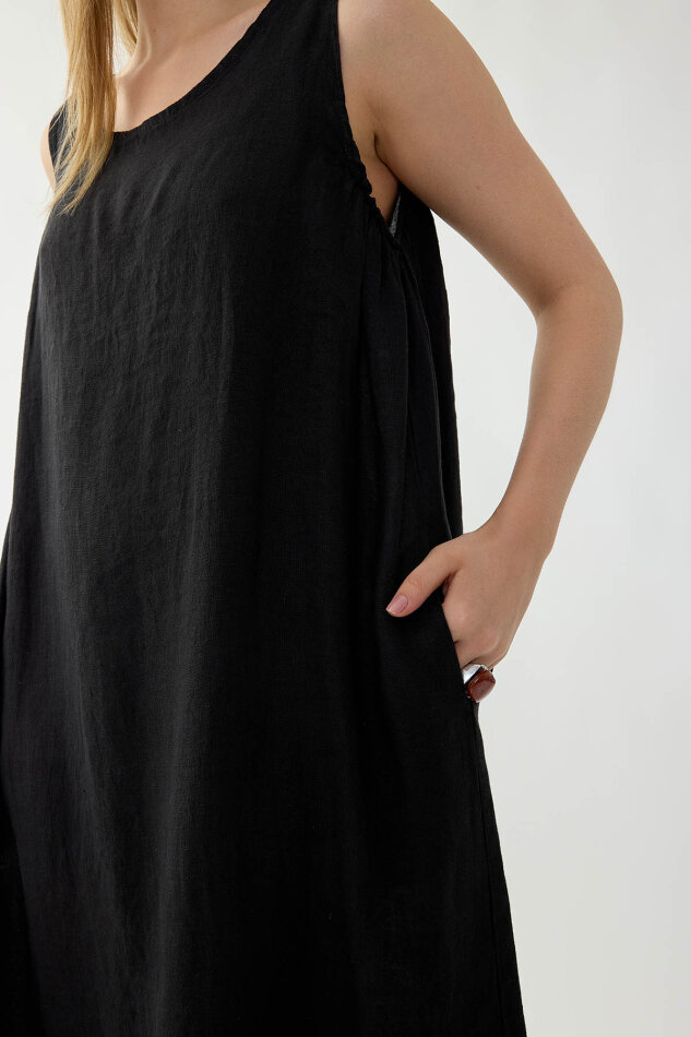 %100 Keten Sıfır Kol Uzun Elbise - 32