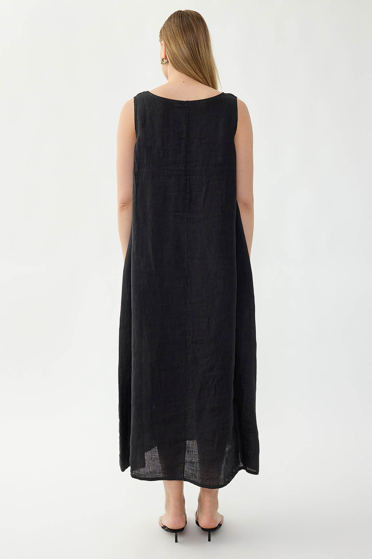 %100 Keten Sıfır Kol Uzun Elbise - Thumbnail