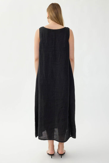 %100 Keten Sıfır Kol Uzun Elbise - 31