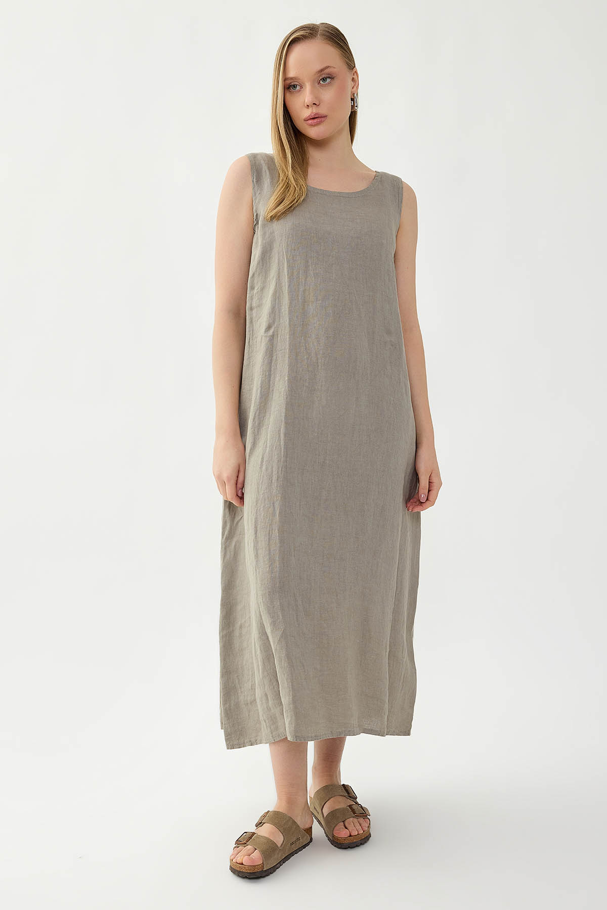 %100 Keten Sıfır Kol Uzun Elbise - Thumbnail