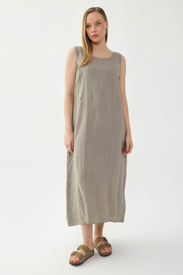 %100 Keten Sıfır Kol Uzun Elbise - 34