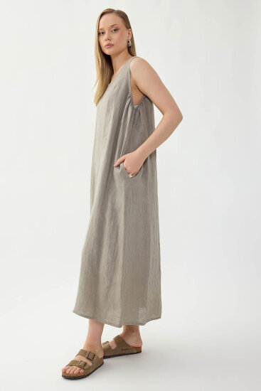 %100 Keten Sıfır Kol Uzun Elbise - 35