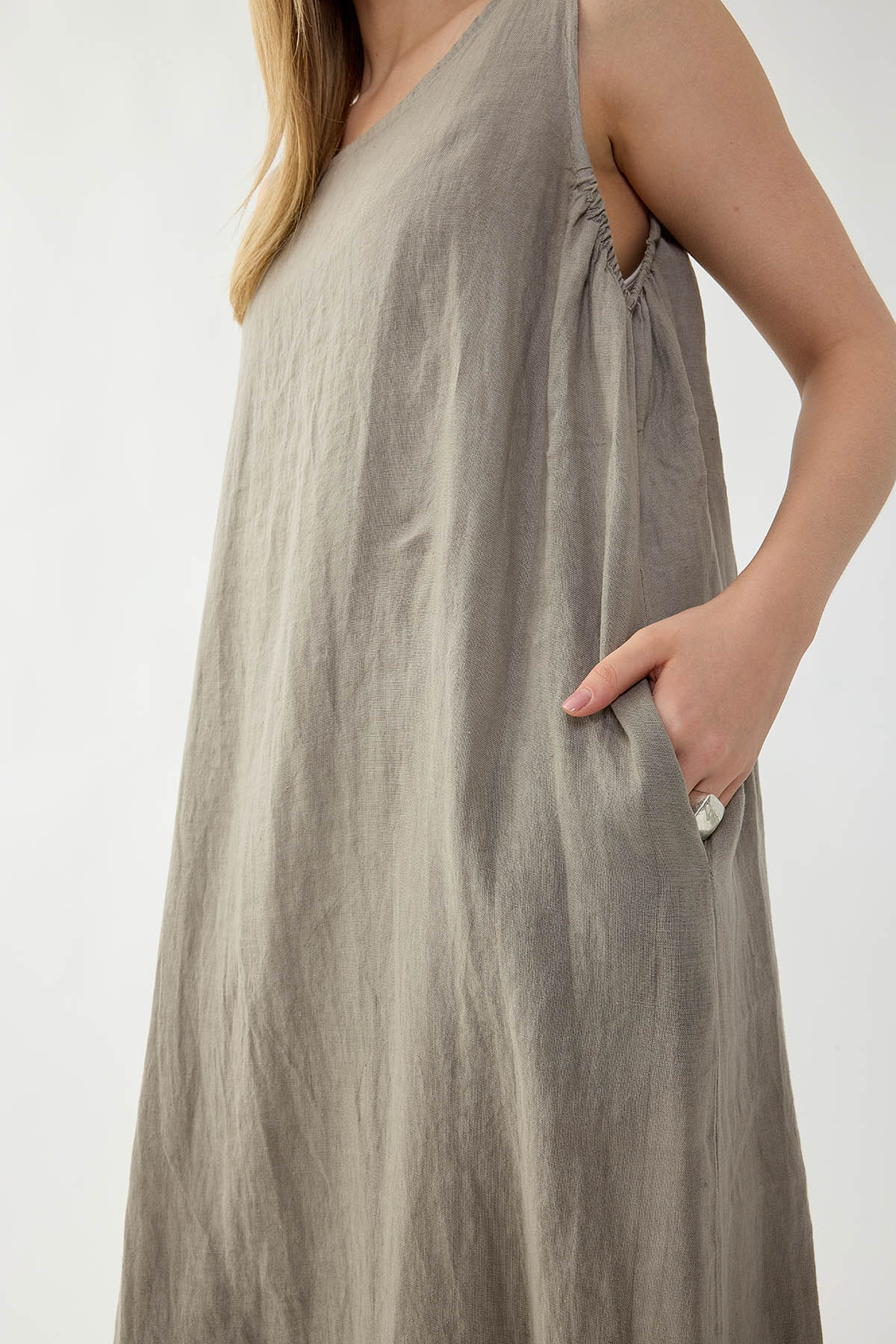 %100 Keten Sıfır Kol Uzun Elbise - Thumbnail