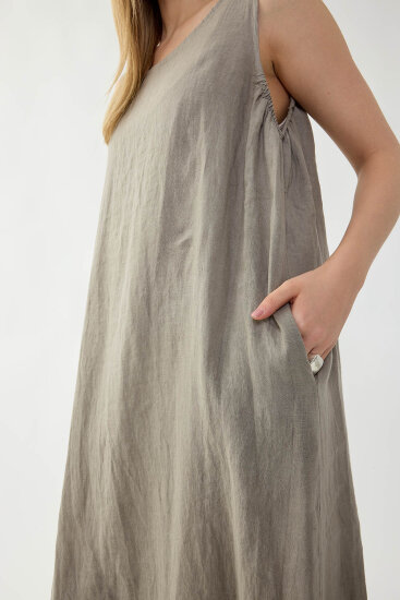 %100 Keten Sıfır Kol Uzun Elbise - 36