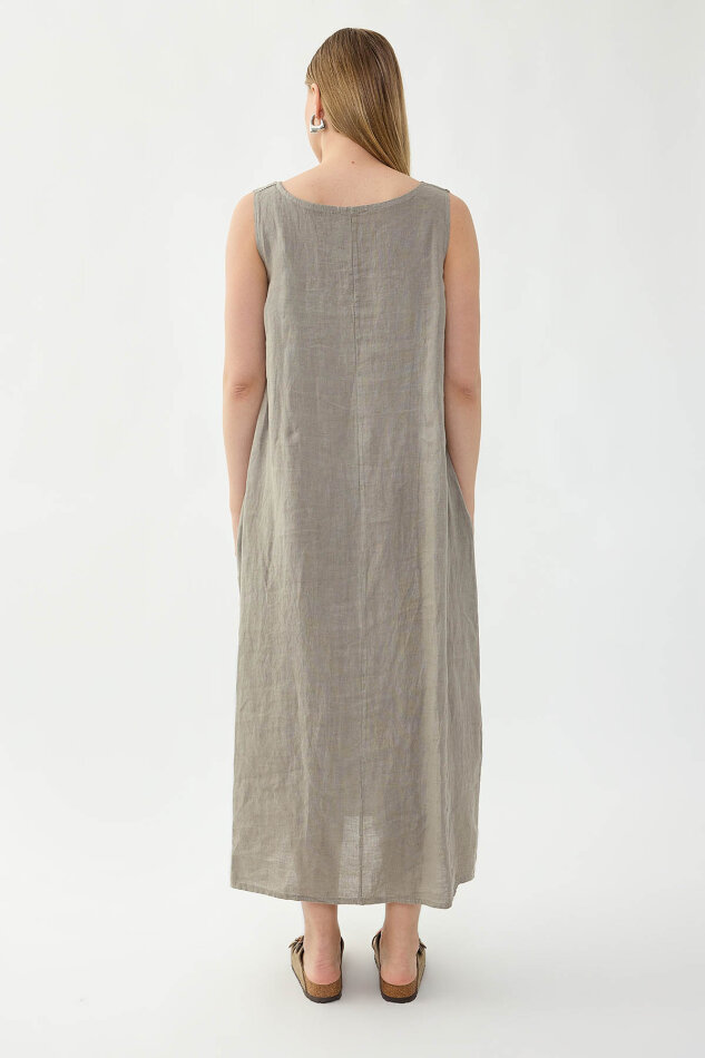 %100 Keten Sıfır Kol Uzun Elbise - 37