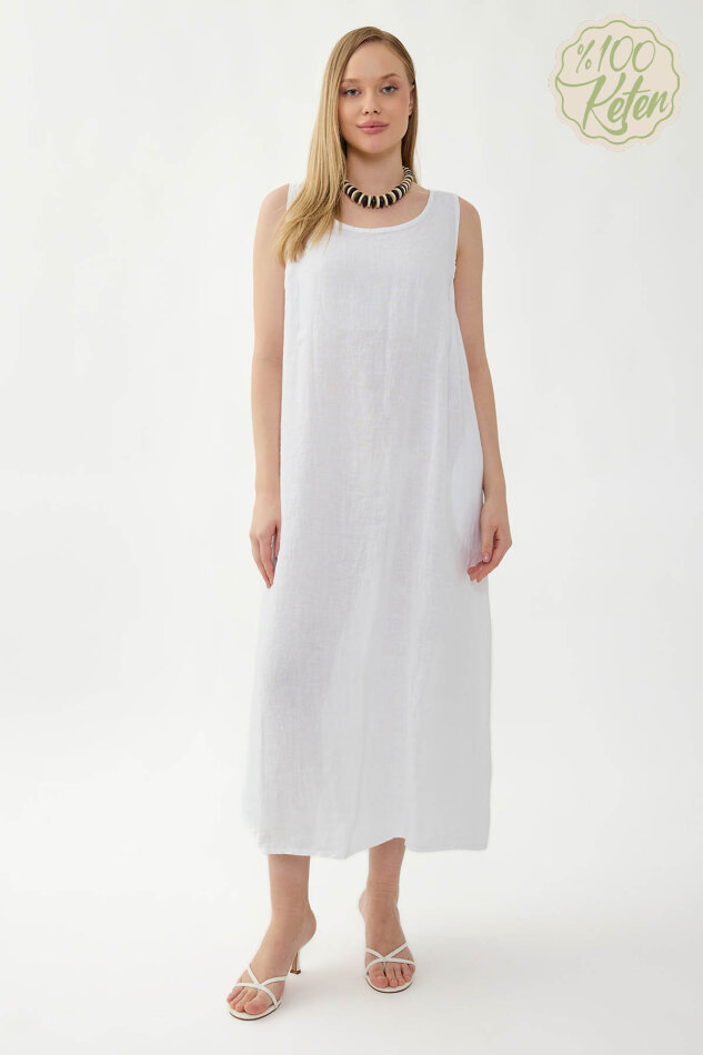 %100 Keten Sıfır Kol Uzun Elbise - 6