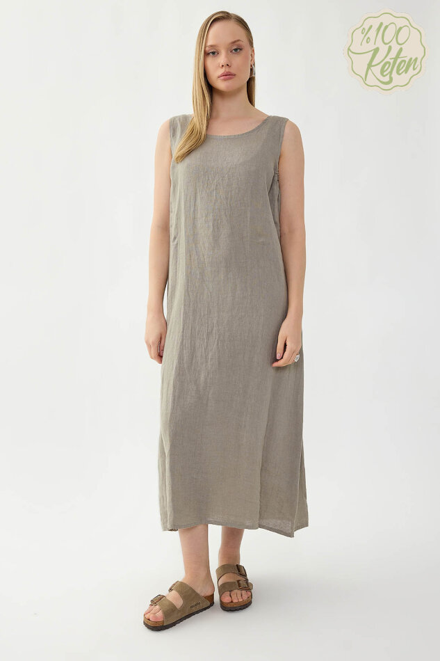 %100 Keten Sıfır Kol Uzun Elbise - 33