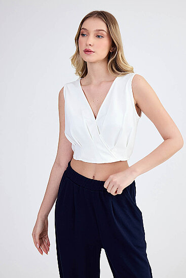 Sıfır Kol V Yaka Crop Modal Bluz - 9