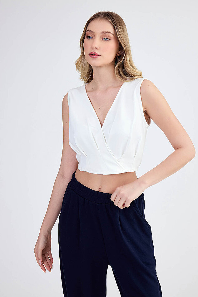 Sıfır Kol V Yaka Crop Modal Bluz - 9