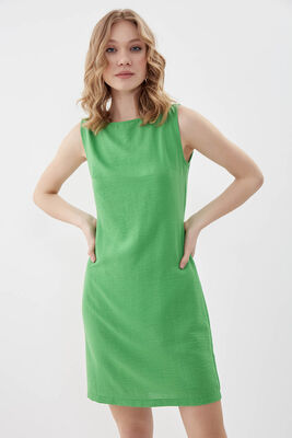 Sıfır Kol Viskon Keten Elbise - 9