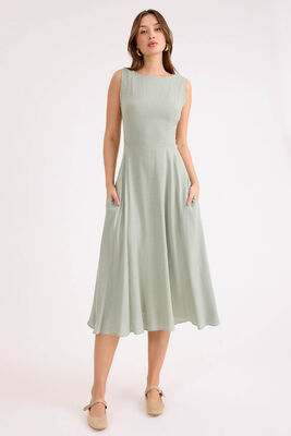 Sıfır Kol Viskon Keten Midi Elbise - 10