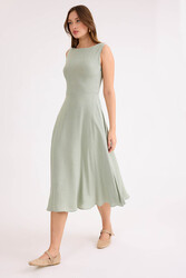 Sıfır Kol Viskon Keten Midi Elbise - 11