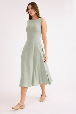 Sıfır Kol Viskon Keten Midi Elbise - 11