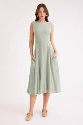 Sıfır Kol Viskon Keten Midi Elbise - 14