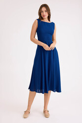 Sıfır Kol Viskon Keten Midi Elbise - 15