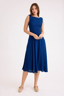 Sıfır Kol Viskon Keten Midi Elbise - 15