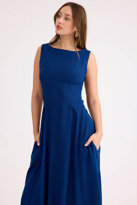 Sıfır Kol Viskon Keten Midi Elbise - 18