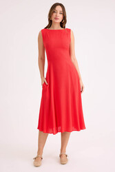 Sıfır Kol Viskon Keten Midi Elbise - 4