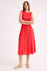 Sıfır Kol Viskon Keten Midi Elbise - 8