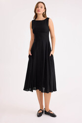 Sıfır Kol Viskon Keten Midi Elbise - 22