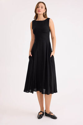 Sıfır Kol Viskon Keten Midi Elbise - 22