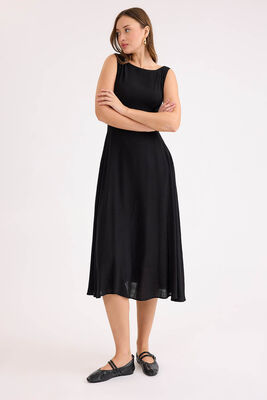 Sıfır Kol Viskon Keten Midi Elbise - 23