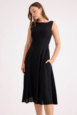 Sıfır Kol Viskon Keten Midi Elbise - 25