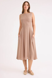 Sıfır Kol Viskon Keten Midi Elbise - 28