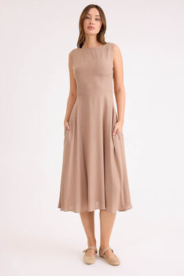 Sıfır Kol Viskon Keten Midi Elbise - 28