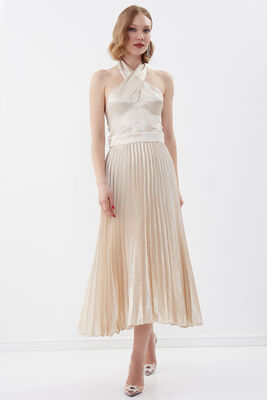 Sırt Dekolteli Boyundan Bağlamalı Piliseli Elbise - 2